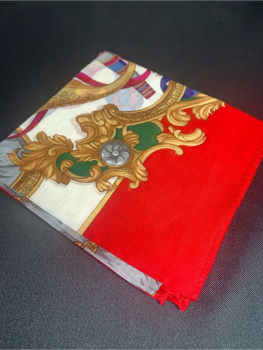 Celine Red Mini Scarf with Gold & Green Baroque Motif